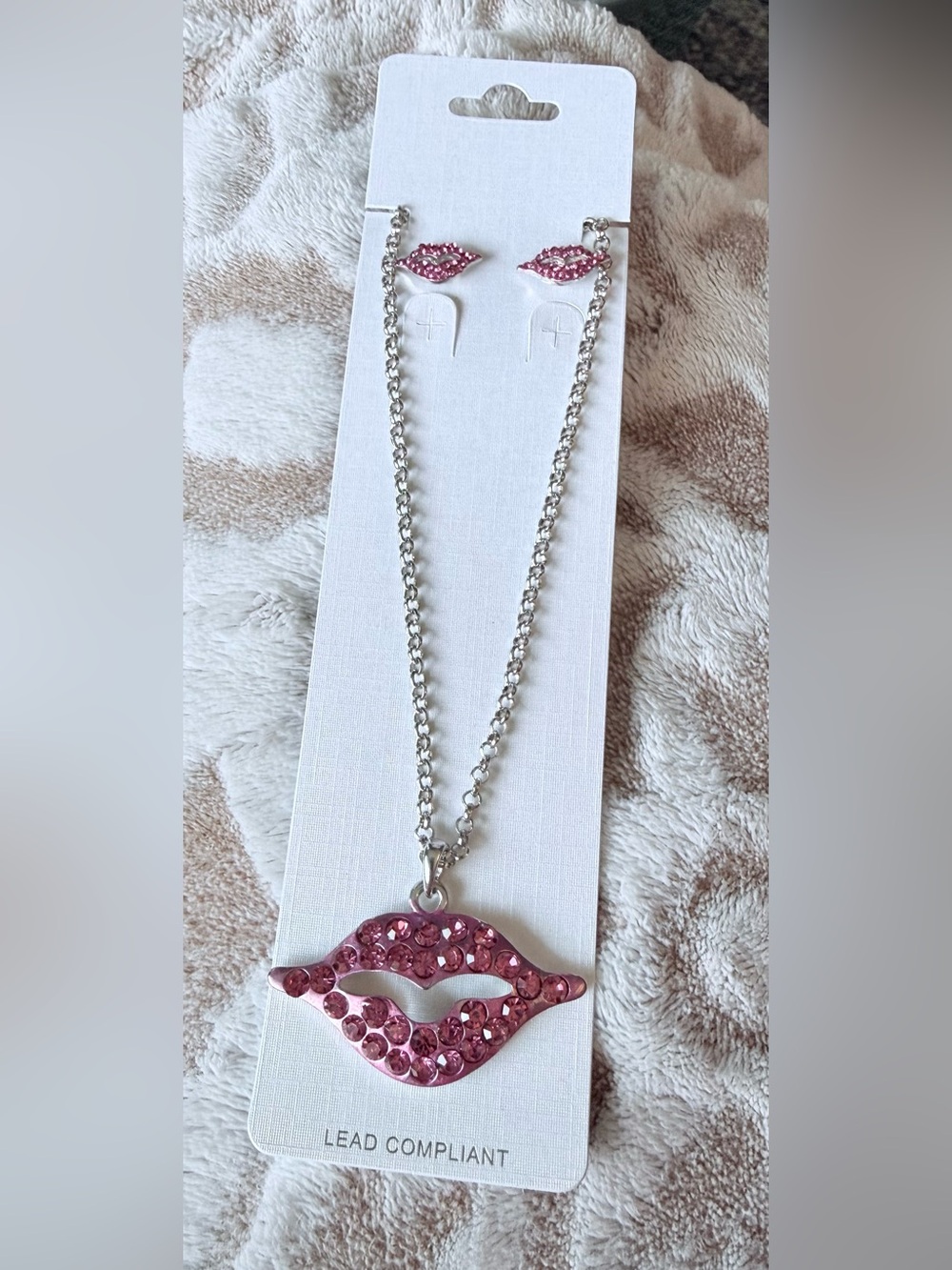 Pink Crystal Lip Pendant Necklace with Matching Studs
